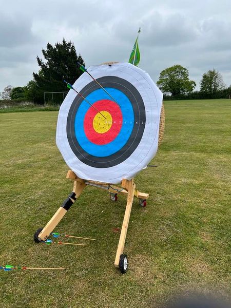 Target outdoors with two arrows. One in gold.